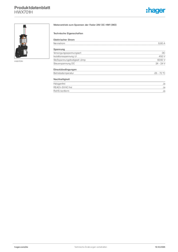 Hager Produktdatenblatt HWX701H