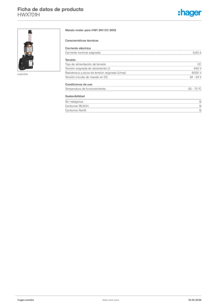 Imagen Hager Ficha de datos de producto HWX701H | Hager España
