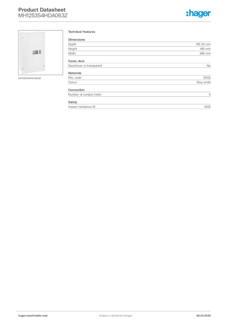 Image Hager Product data sheet MH1253S4HDA063Z  | Hager