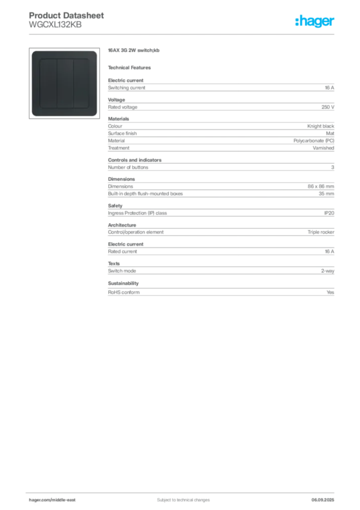 Image Hager Product data sheet WGCXL132KB  | Hager