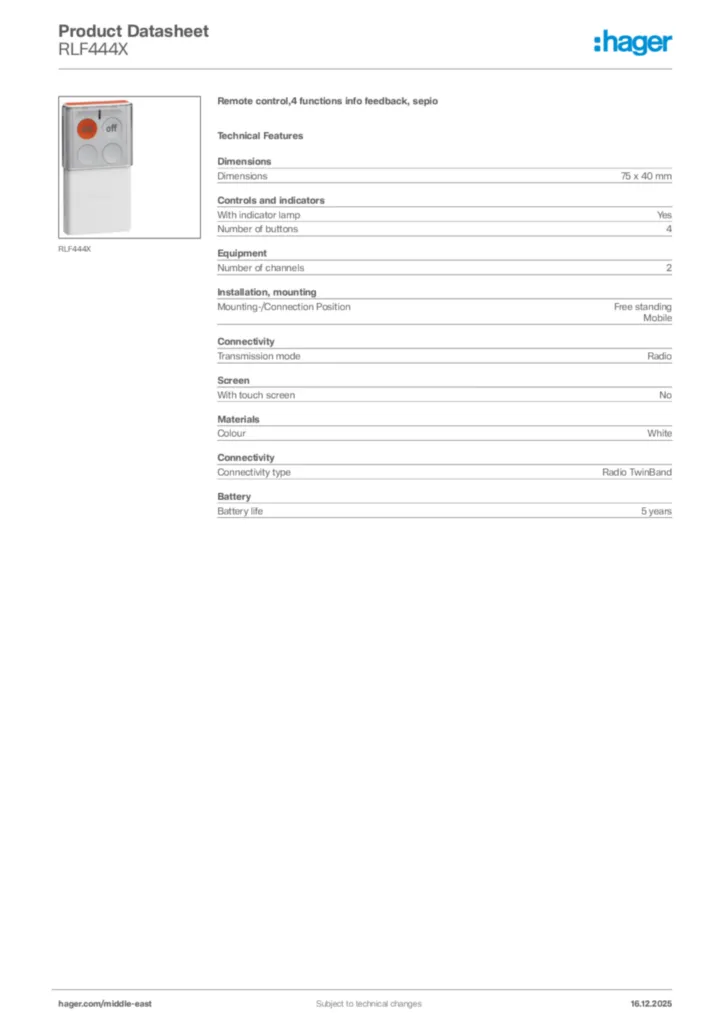 Image Hager Product data sheet RLF444X  | Hager
