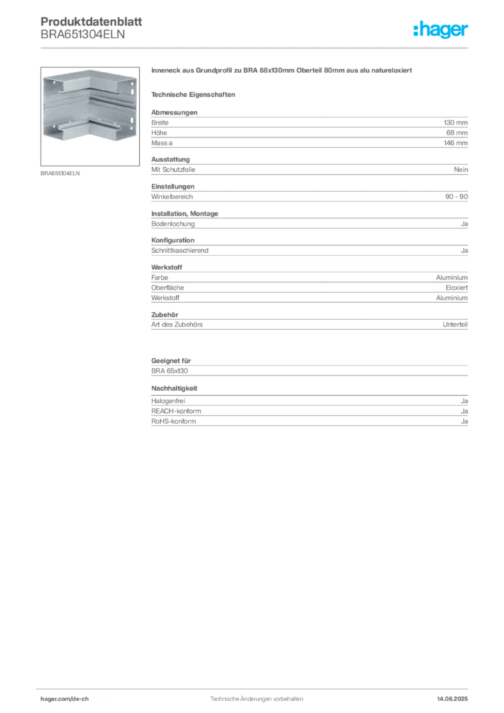 Bild Hager Produktdatenblatt BRA651304ELN | Hager Schweiz