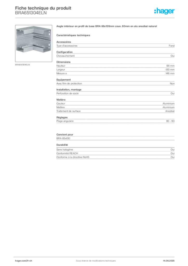 Image Hager Fiche technique du produit BRA651304ELN | Hager Suisse