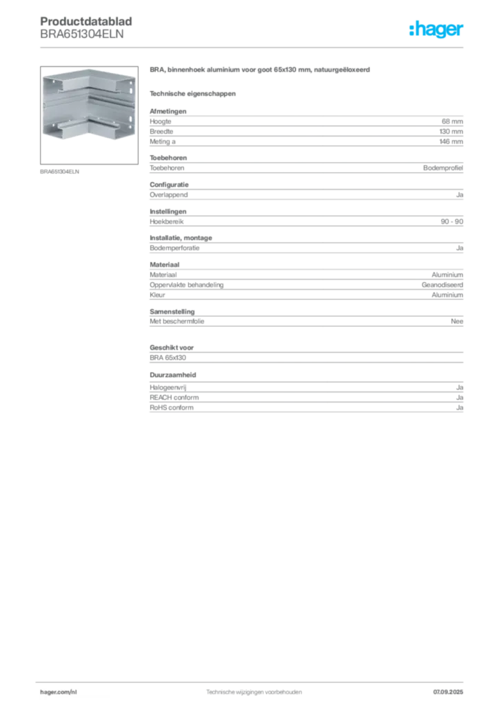 Afbeelding Hager Productdatablad BRA651304ELN | Hager Nederland