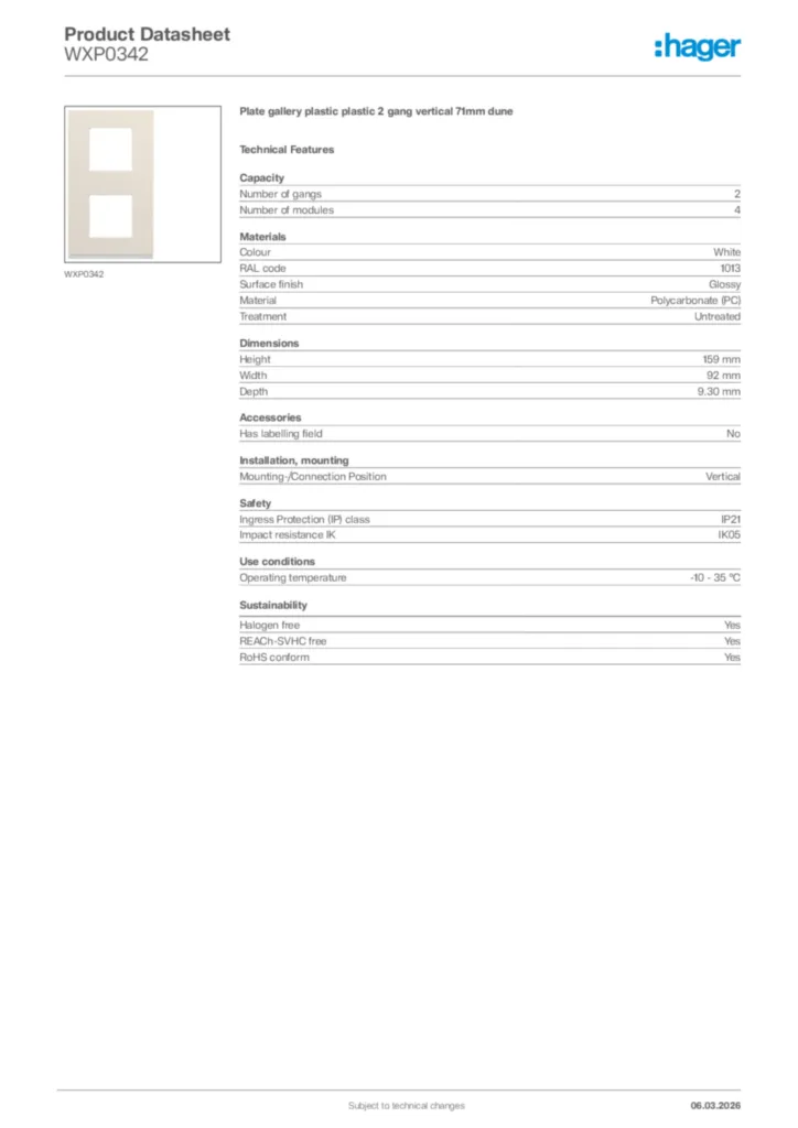 Image Hager Product data sheet WXP0342  | Hager Africa