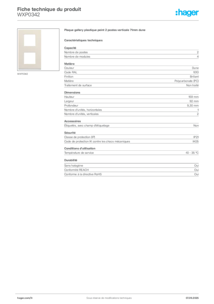Image Hager Fiche technique du produit WXP0342 | Hager France