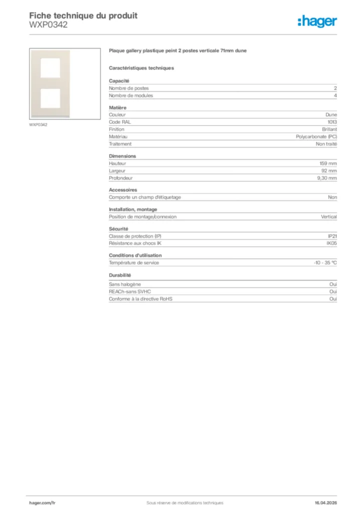 Image Hager Fiche technique du produit WXP0342 | Hager France