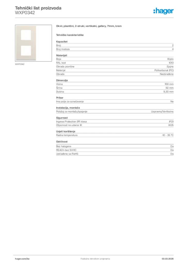 Slika Hager Tehnički list proizvoda WXP0342  | Hager