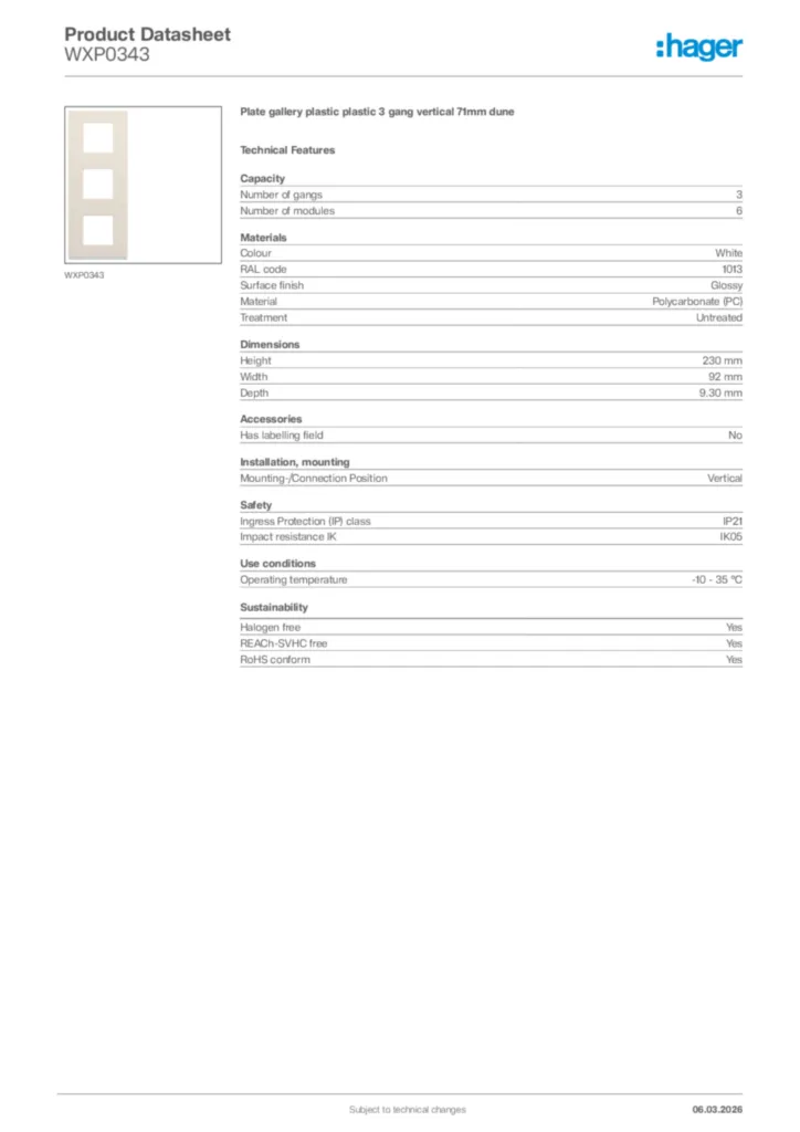 Image Hager Product data sheet WXP0343  | Hager Africa