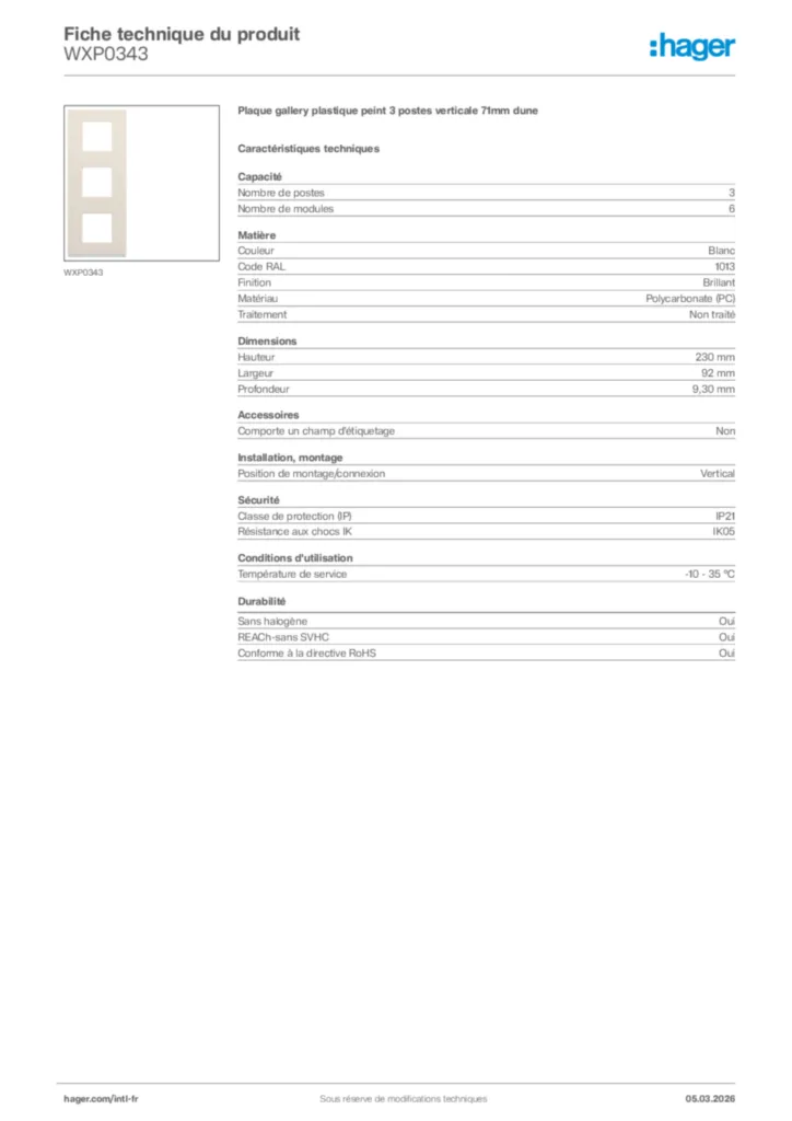 Image Hager Fiche technique du produit WXP0343 | Hager Afrique