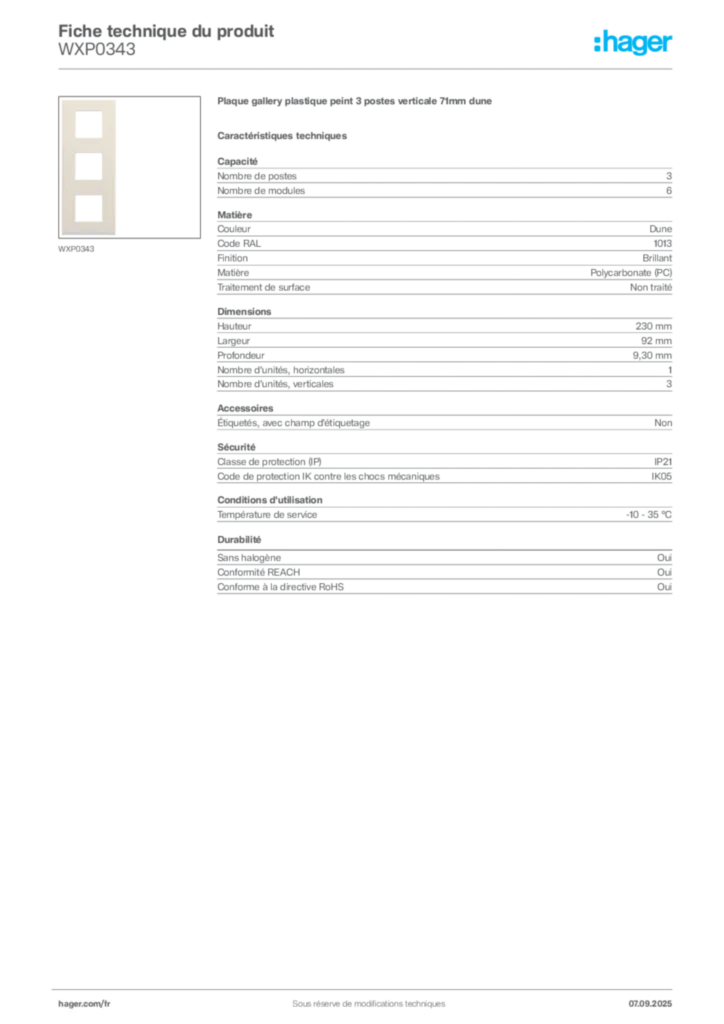 Image Hager Fiche technique du produit WXP0343 | Hager France