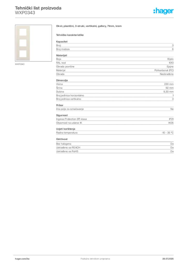 Slika Hager Product data sheet WXP0343  | Hager