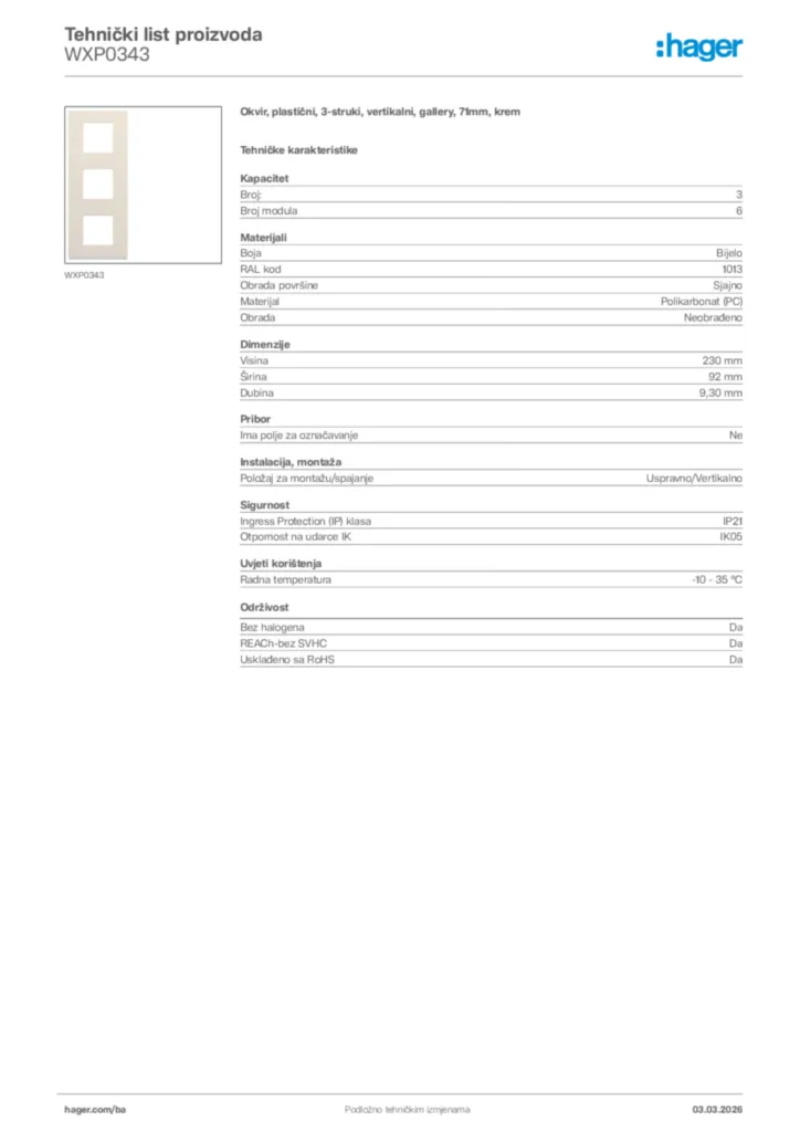 Slika Hager Tehnički list proizvoda WXP0343  | Hager