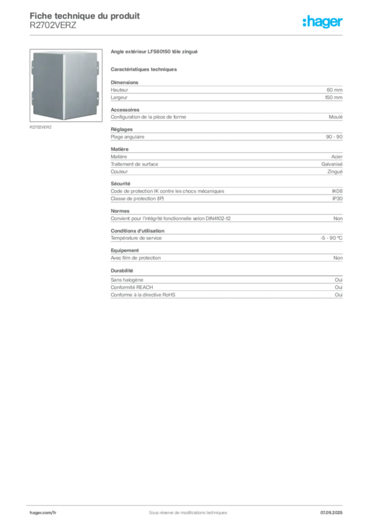Image Hager Fiche technique du produit R2702VERZ | Hager France