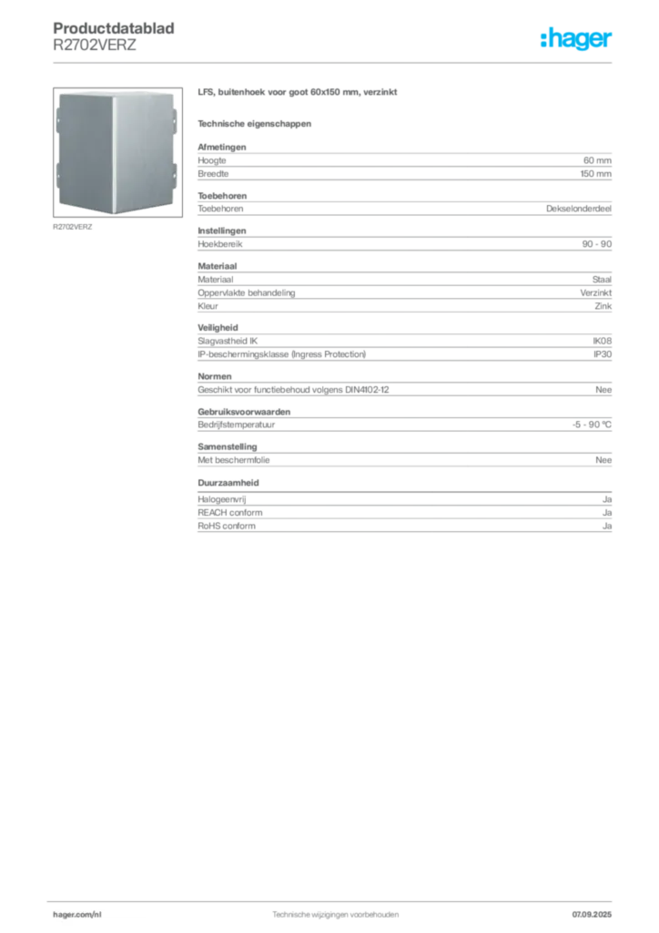 Afbeelding Hager Productdatablad R2702VERZ | Hager Nederland