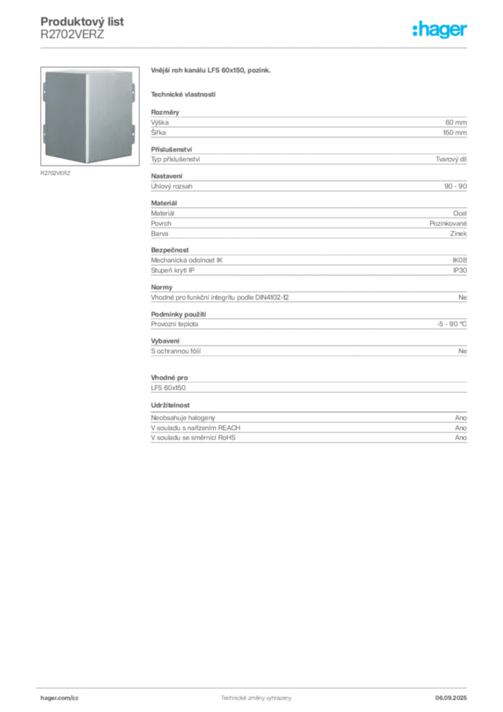 Obrázek Hager Produktový list R2702VERZ | Hager