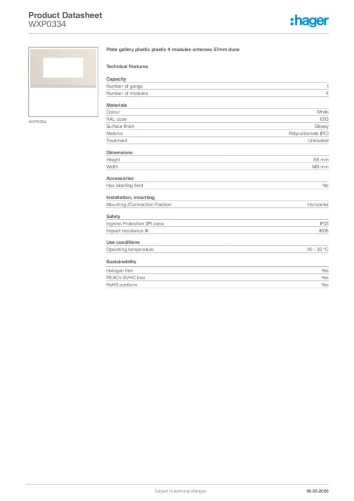 Image Hager Product data sheet WXP0334  | Hager Africa