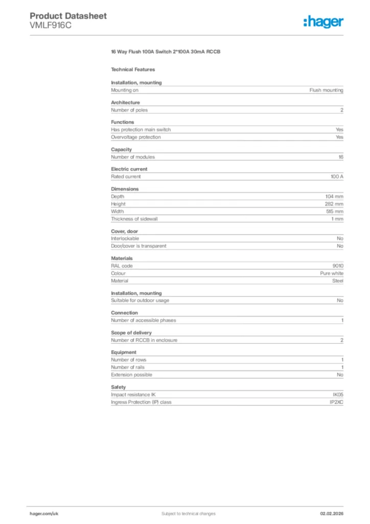 Image Hager Product data sheet VMLF916C  | Hager