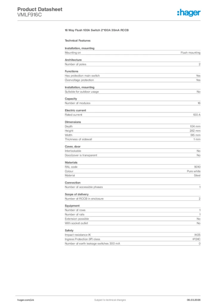 Image Hager Product data sheet VMLF916C  | Hager
