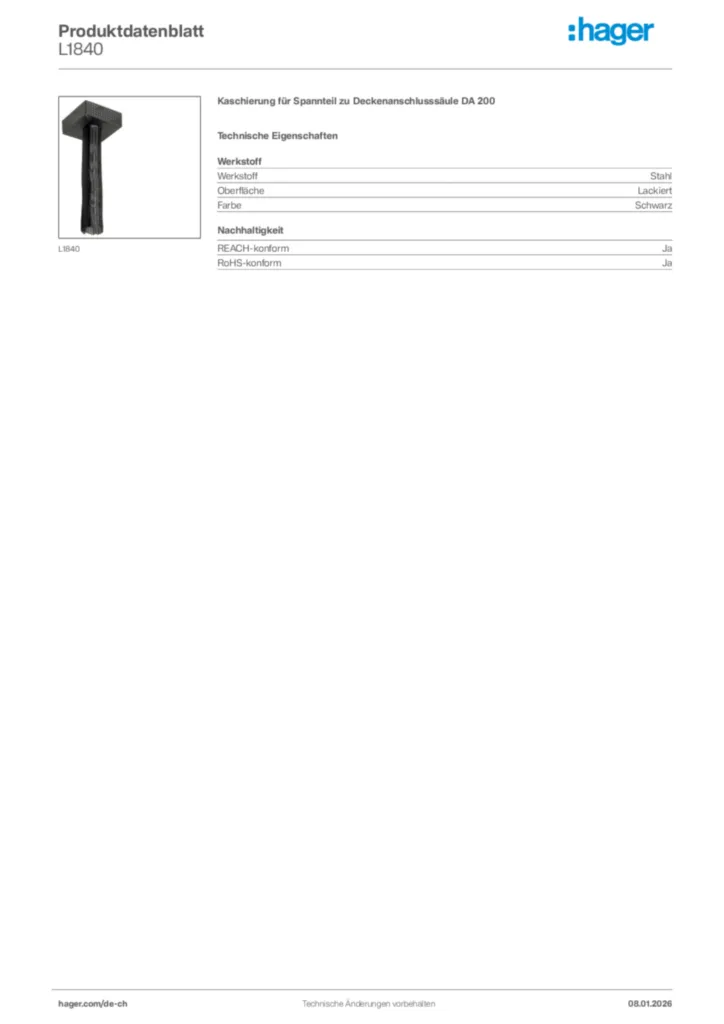 Bild Hager Produktdatenblatt L1840 | Hager Schweiz