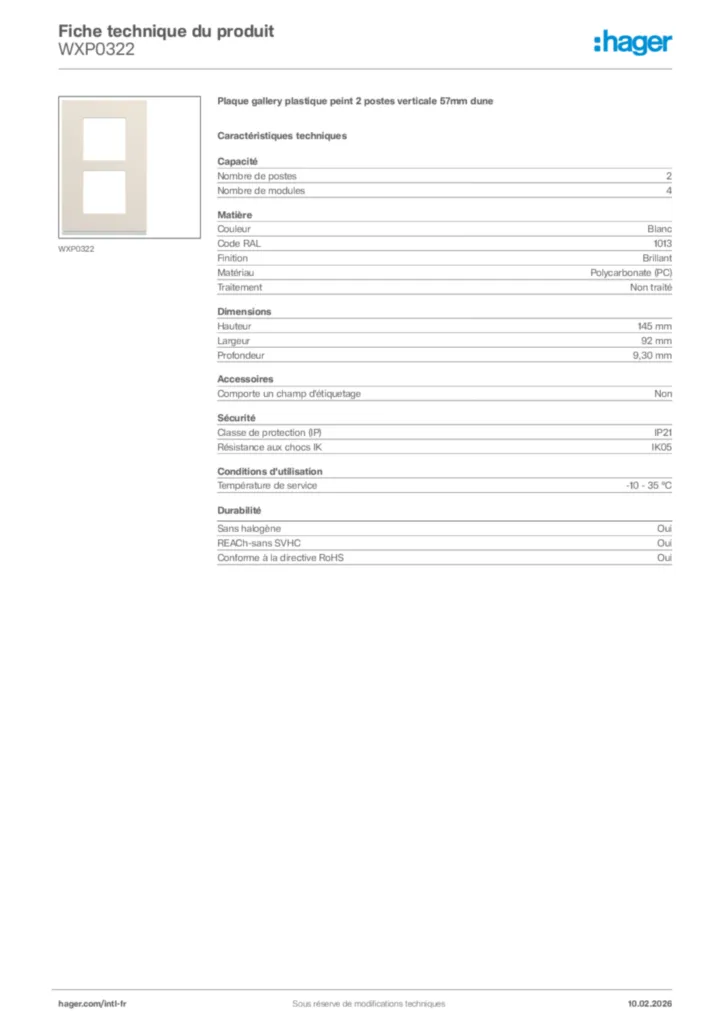 Image Hager Fiche technique du produit WXP0322 | Hager Afrique