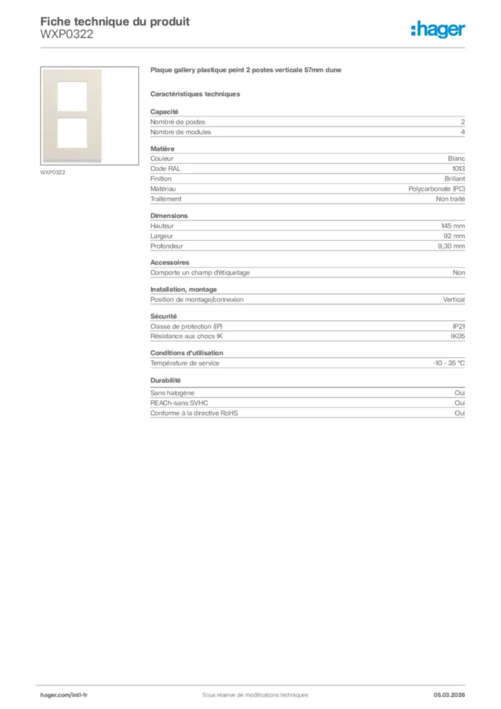 Image Hager Fiche technique du produit WXP0322 | Hager Afrique