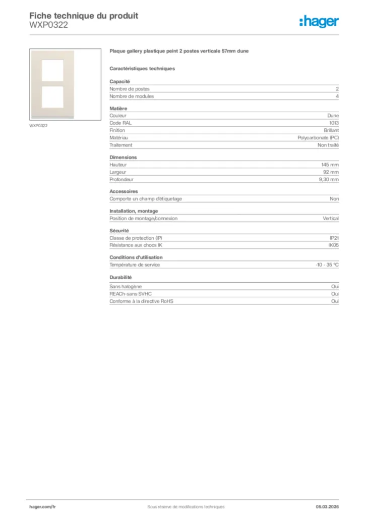 Image Hager Fiche technique du produit WXP0322 | Hager France
