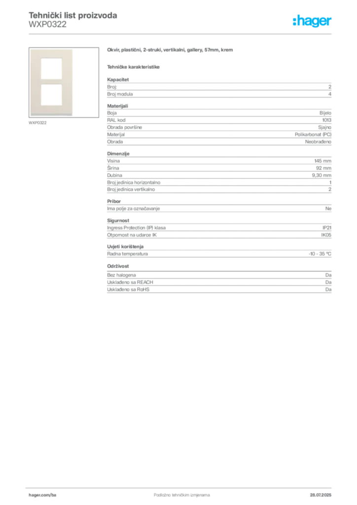 Slika Hager Product data sheet WXP0322  | Hager
