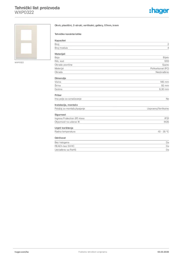 Slika Hager Tehnički list proizvoda WXP0322  | Hager