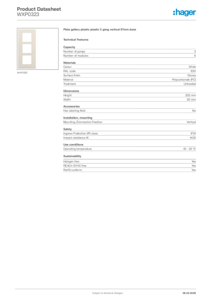 Image Hager Product data sheet WXP0323  | Hager Africa