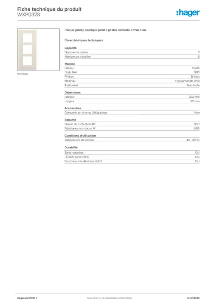 Image Hager Fiche technique du produit WXP0323 | Hager Afrique