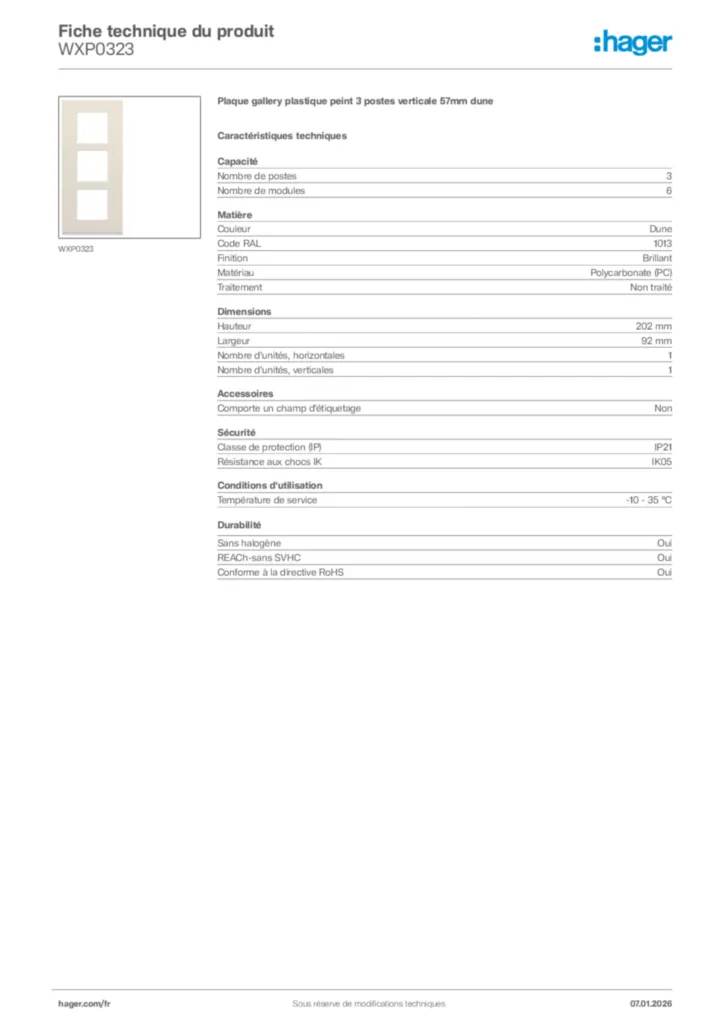 Image Hager Fiche technique du produit WXP0323 | Hager France