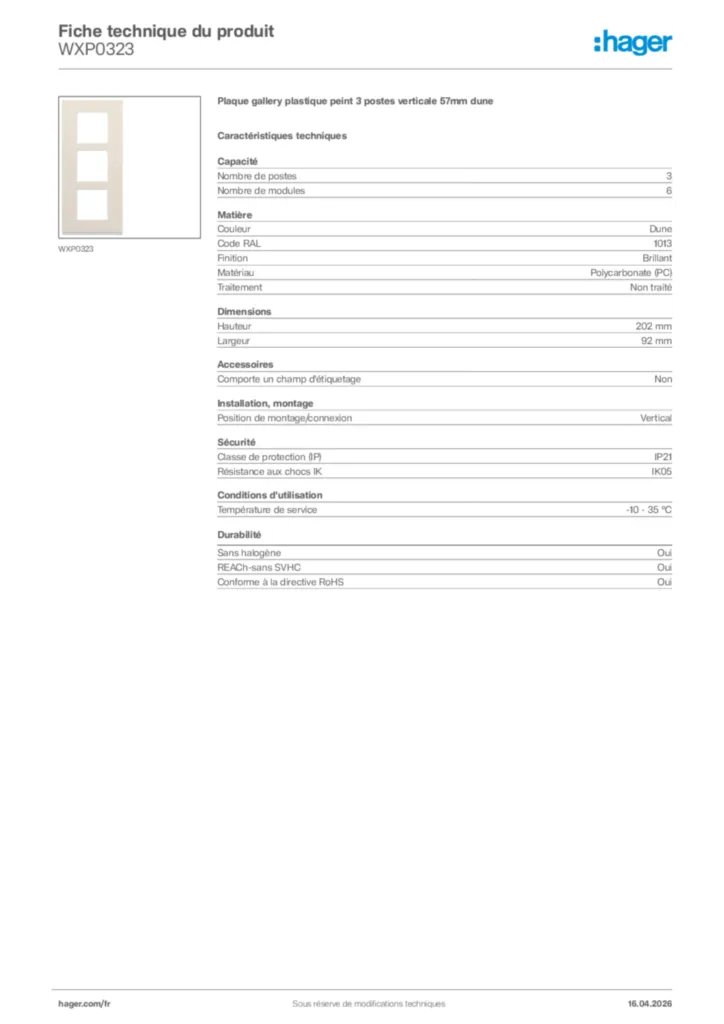 Image Hager Fiche technique du produit WXP0323 | Hager France