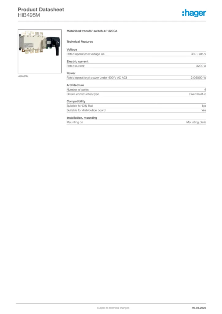 Image Hager Product data sheet HIB495M  | Hager Africa