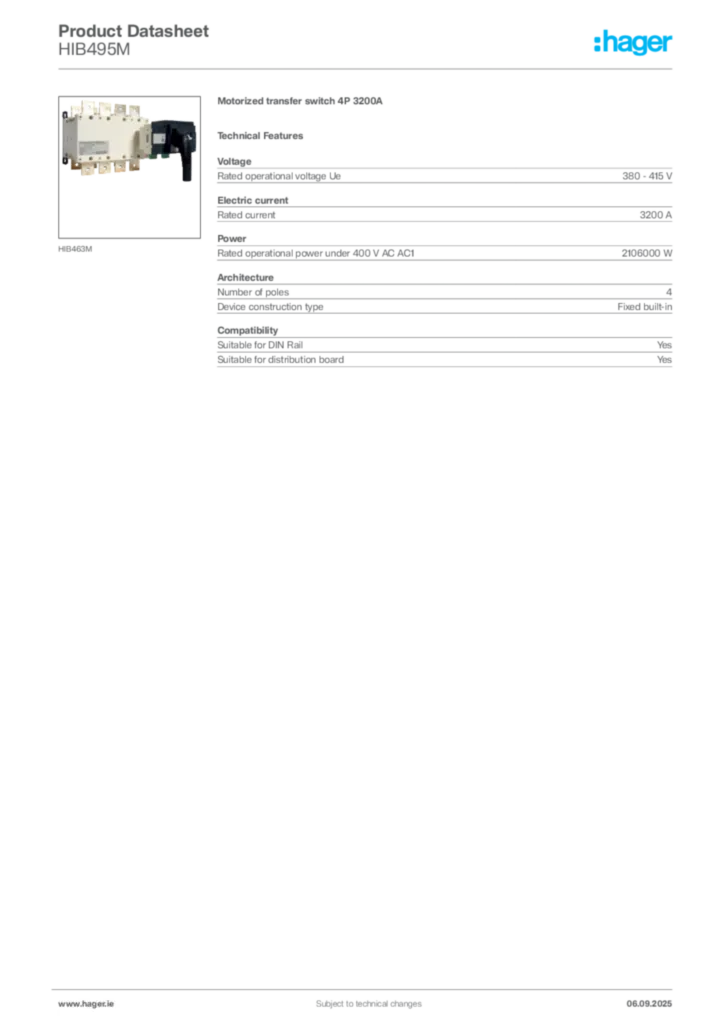Image Hager Product data sheet HIB495M  | Hager