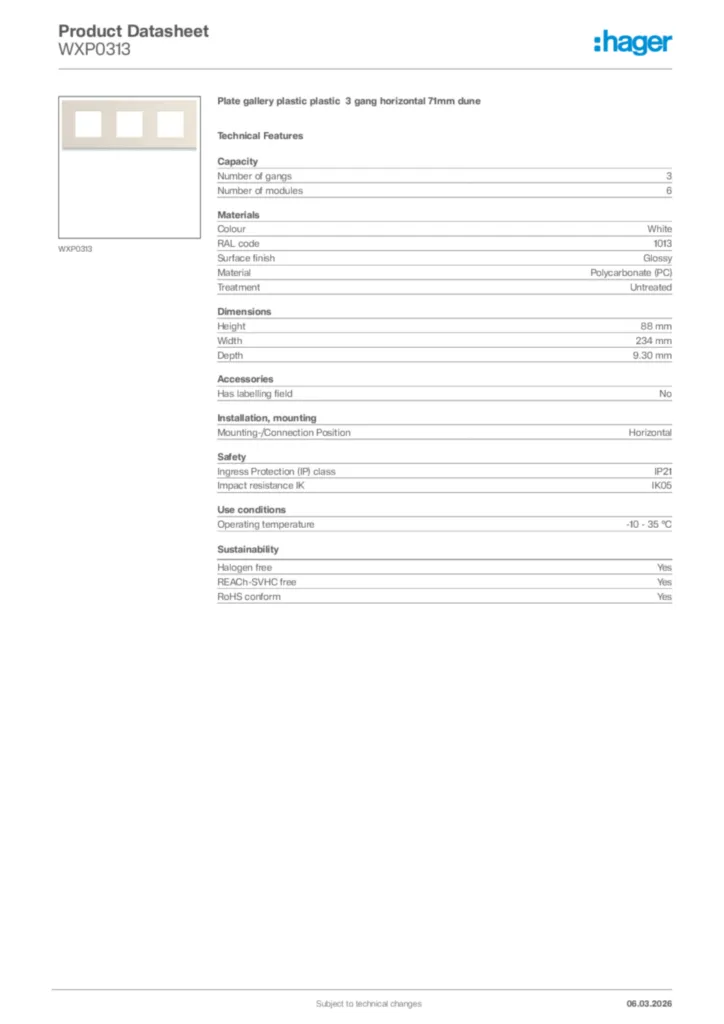Image Hager Product data sheet WXP0313  | Hager Africa