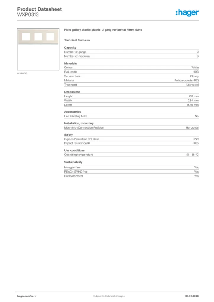 Image Hager Product data sheet WXP0313  | Hager