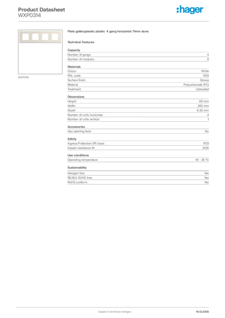Image Hager Product data sheet WXP0314  | Hager Africa