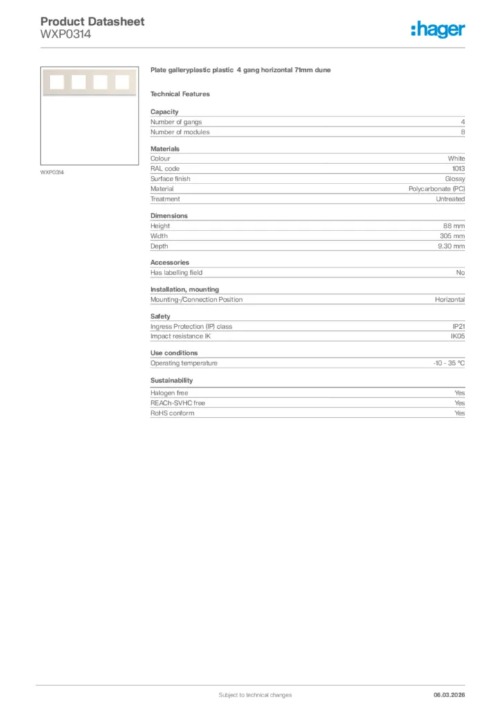 Image Hager Product data sheet WXP0314  | Hager Africa