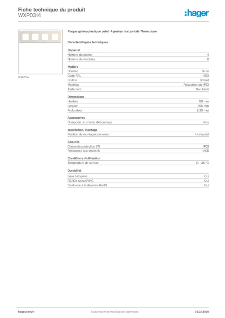 Image Hager Fiche technique du produit WXP0314 | Hager France