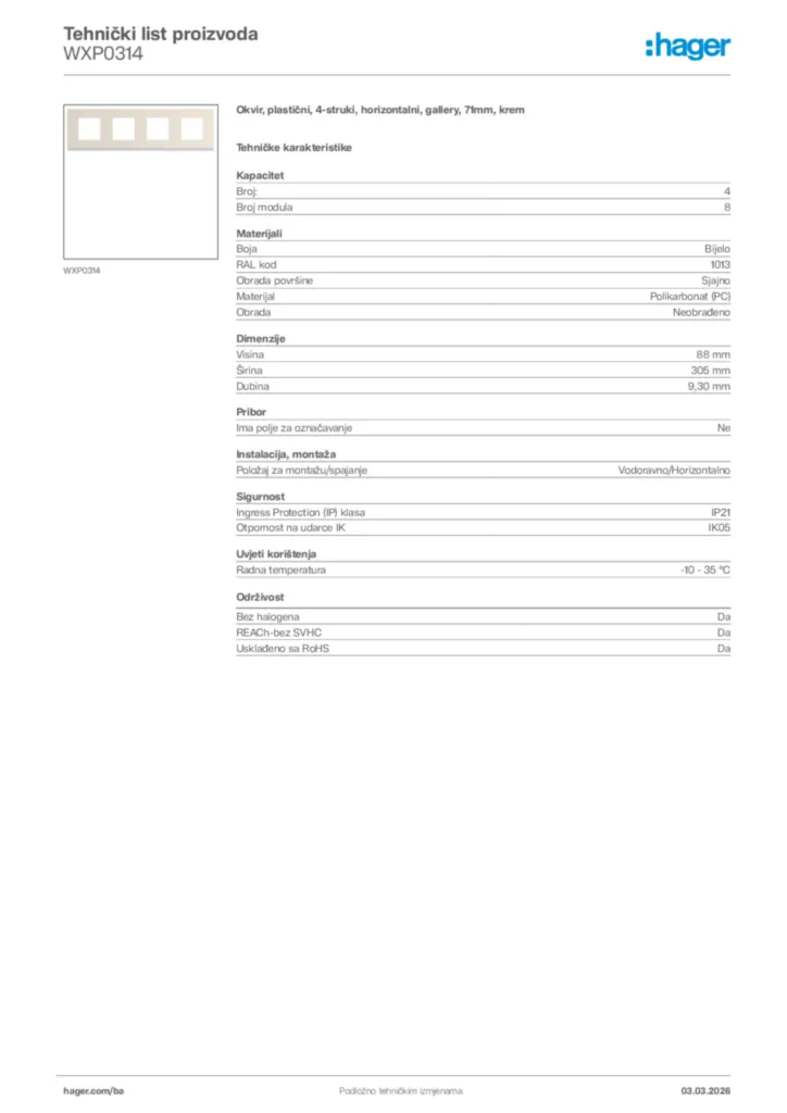 Slika Hager Tehnički list proizvoda WXP0314  | Hager