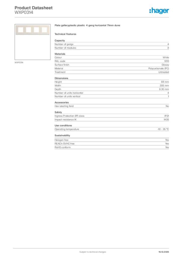 Image Hager Product data sheet WXP0314  | Hager