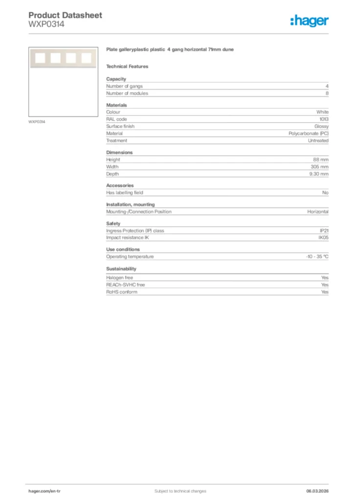 Image Hager Product data sheet WXP0314  | Hager