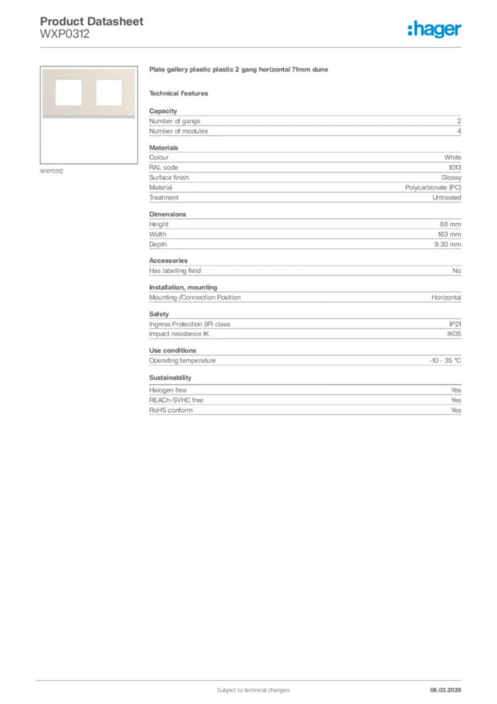 Image Hager Product data sheet WXP0312  | Hager Africa