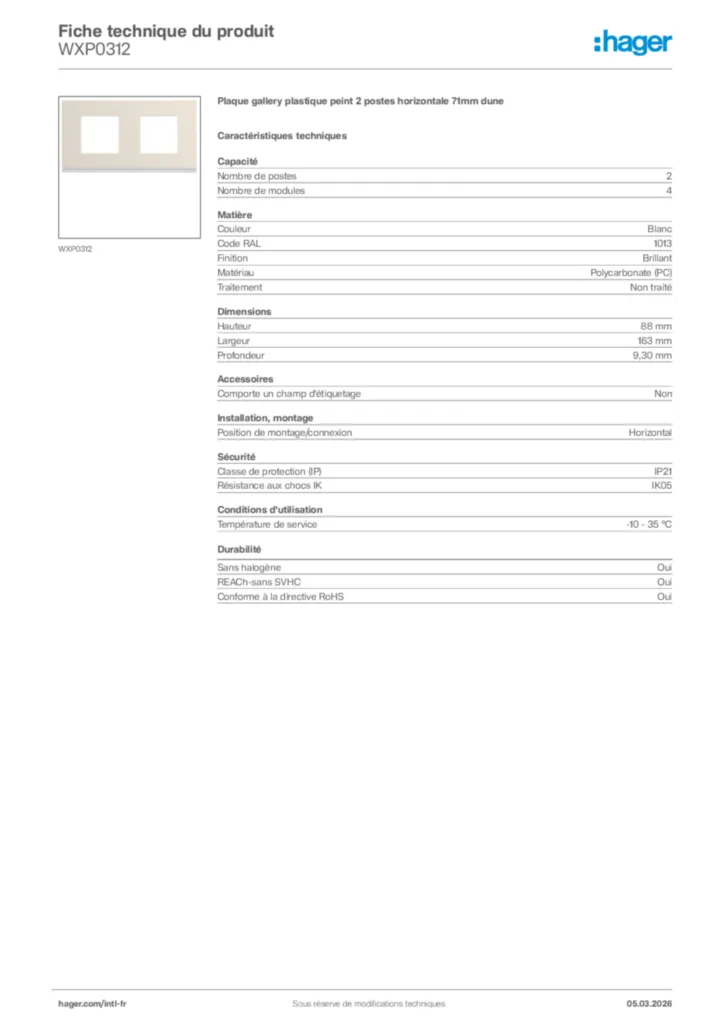 Image Hager Fiche technique du produit WXP0312 | Hager Afrique