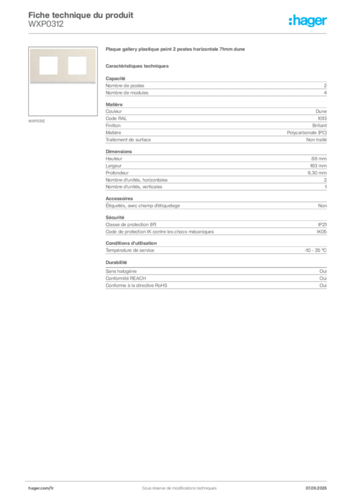 Image Hager Fiche technique du produit WXP0312 | Hager France