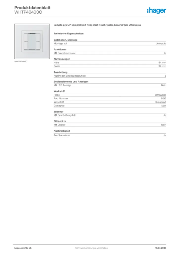 Bild Hager Produktdatenblatt WHTP40400C | Hager Schweiz