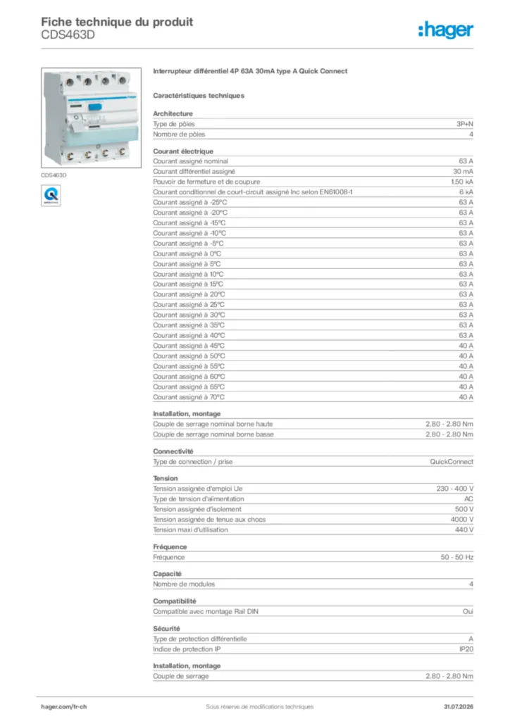 Image Hager Fiche technique du produit CDS463D | Hager Suisse