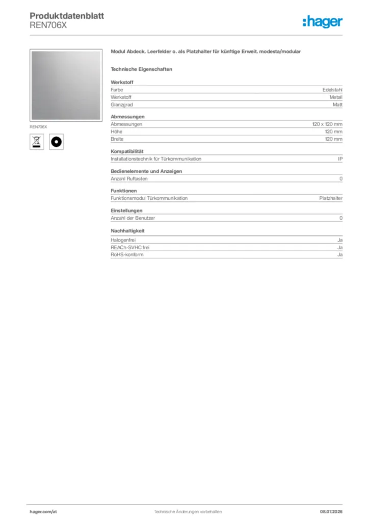 Bild Hager Produktdatenblatt REN706X | Hager Deutschland