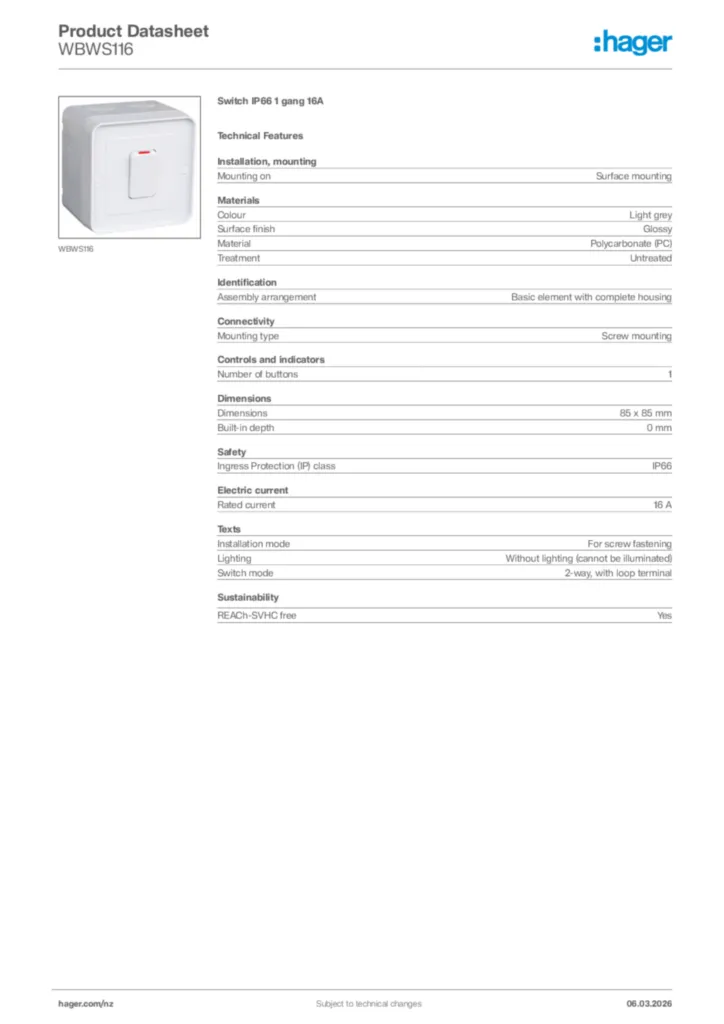 Image Hager Product data sheet WBWS116  | Hager New Zealand